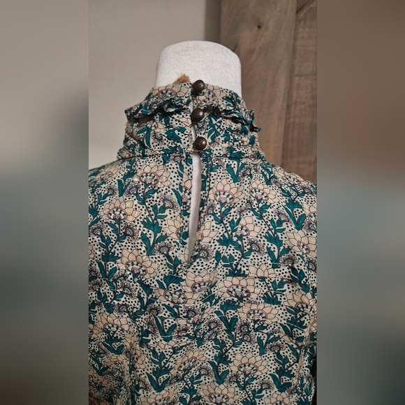 ANTHROPOLOGIE Let Me Be High-Neck Printed Peasant Blouse. Teal/mauve. XXS NWT - Picture 15 of 16